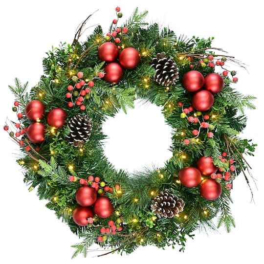 Puleo International 26" Pre-Lit Green Pine with Pinecones, Ornaments & Berries Artificial Christmas Wreath